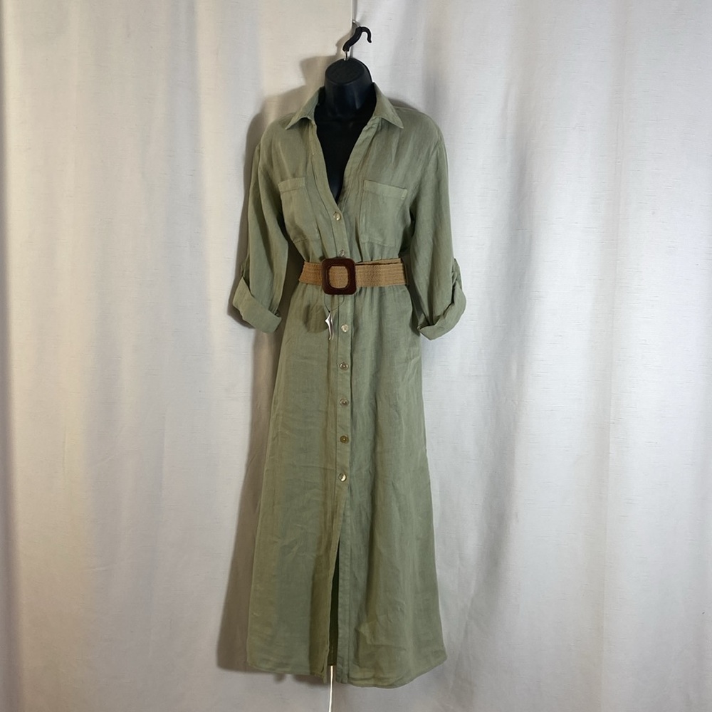 BELTED LINEN SHIRTDRESS with Slit for Casual Wear Size S - Picture 7 of 16